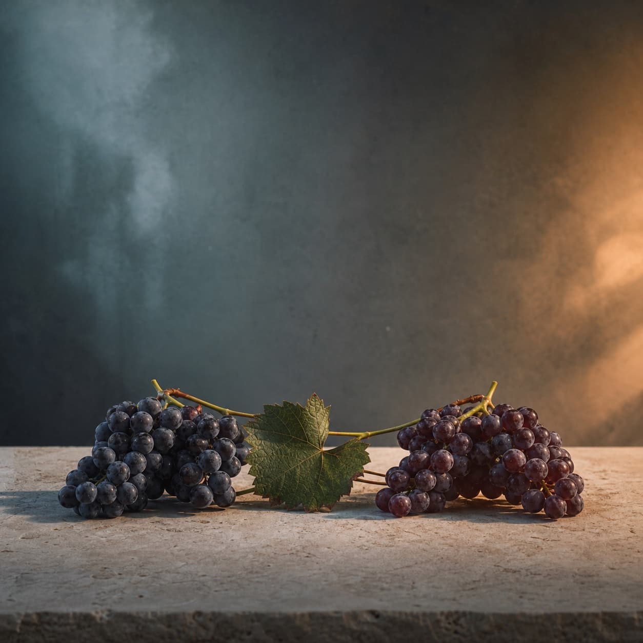 Matching grape clusters lit by cool blue and warm golden light
