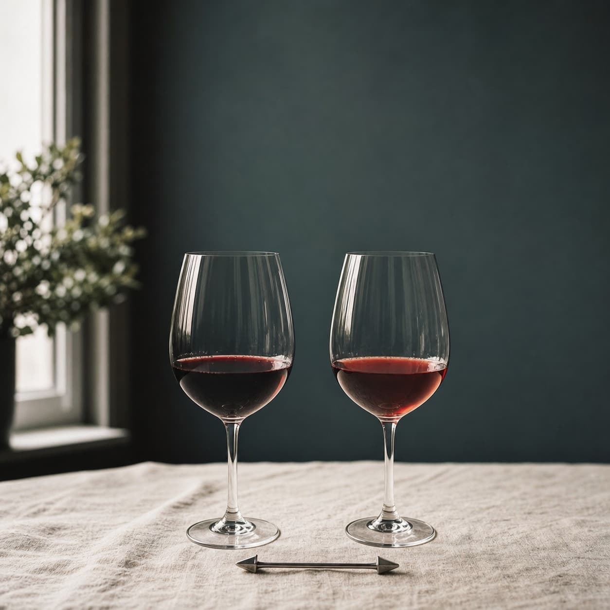 Two similar red wines side by side with a two-way marker between them