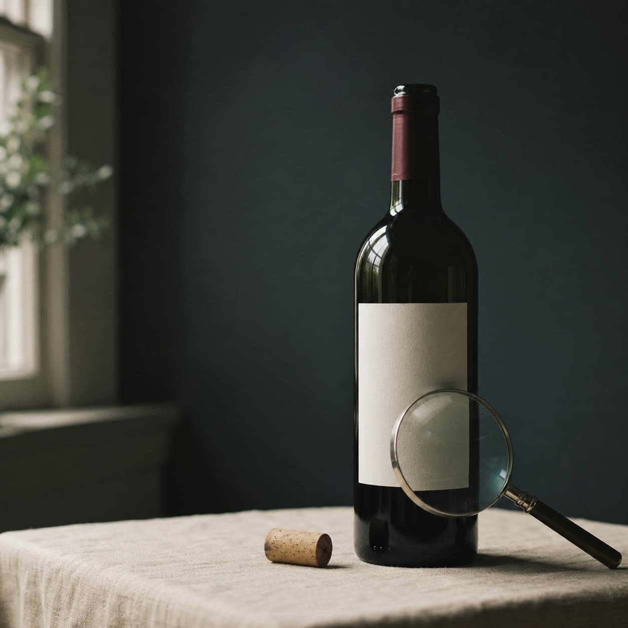 A magnifying glass resting against a blank wine-bottle label