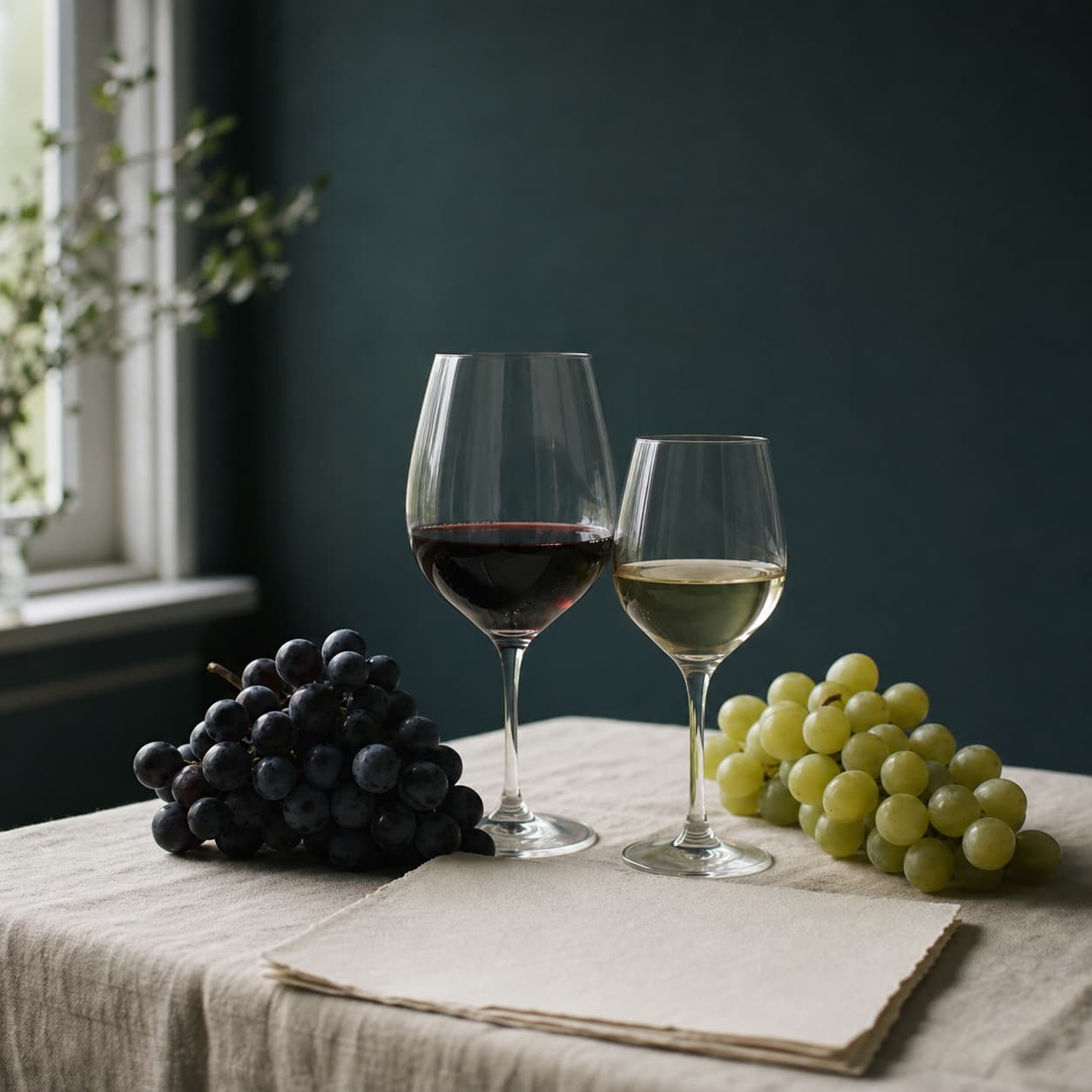 Red and white wine glasses beside dark and pale grape clusters