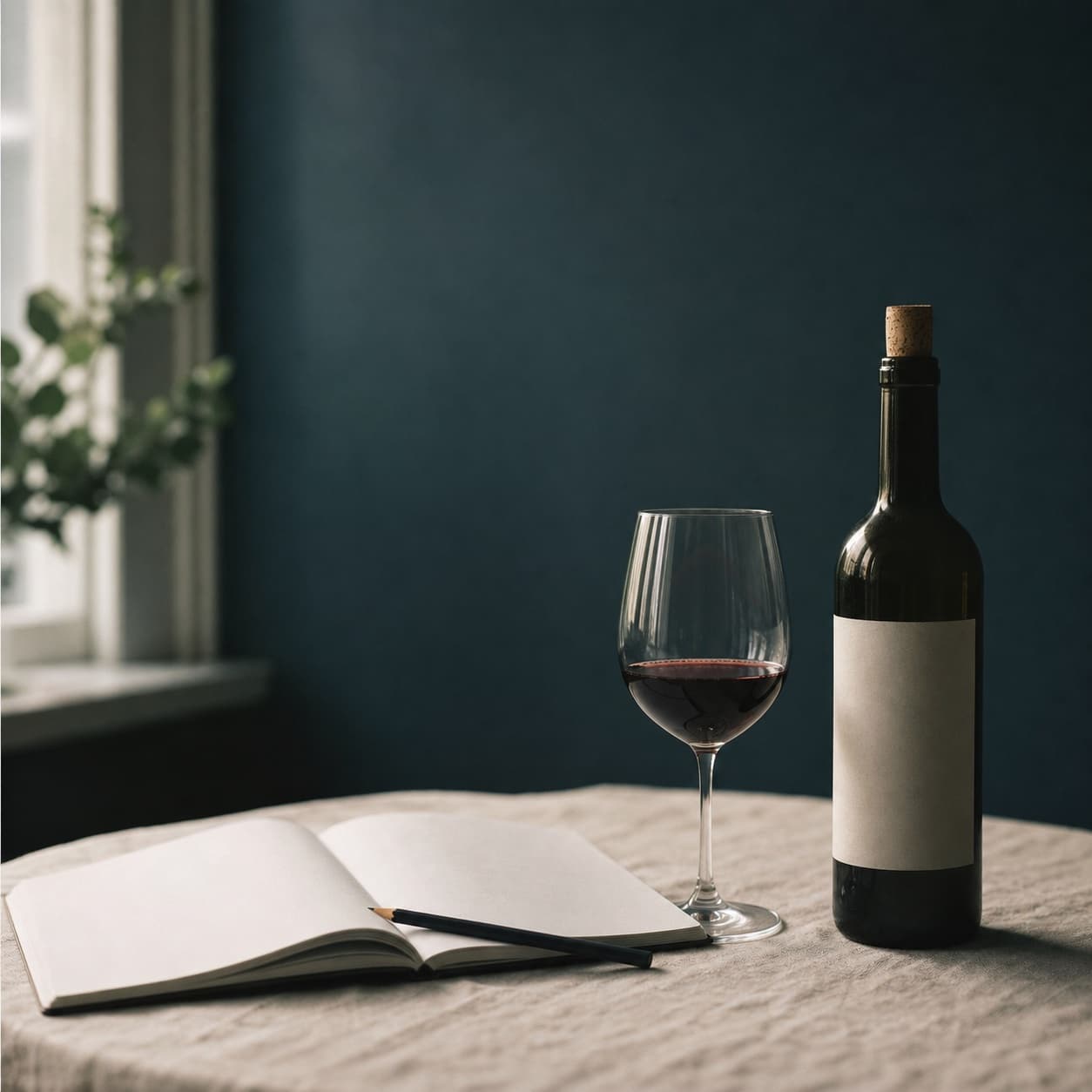 An open notebook, pencil, wine glass, and bottle in soft window light