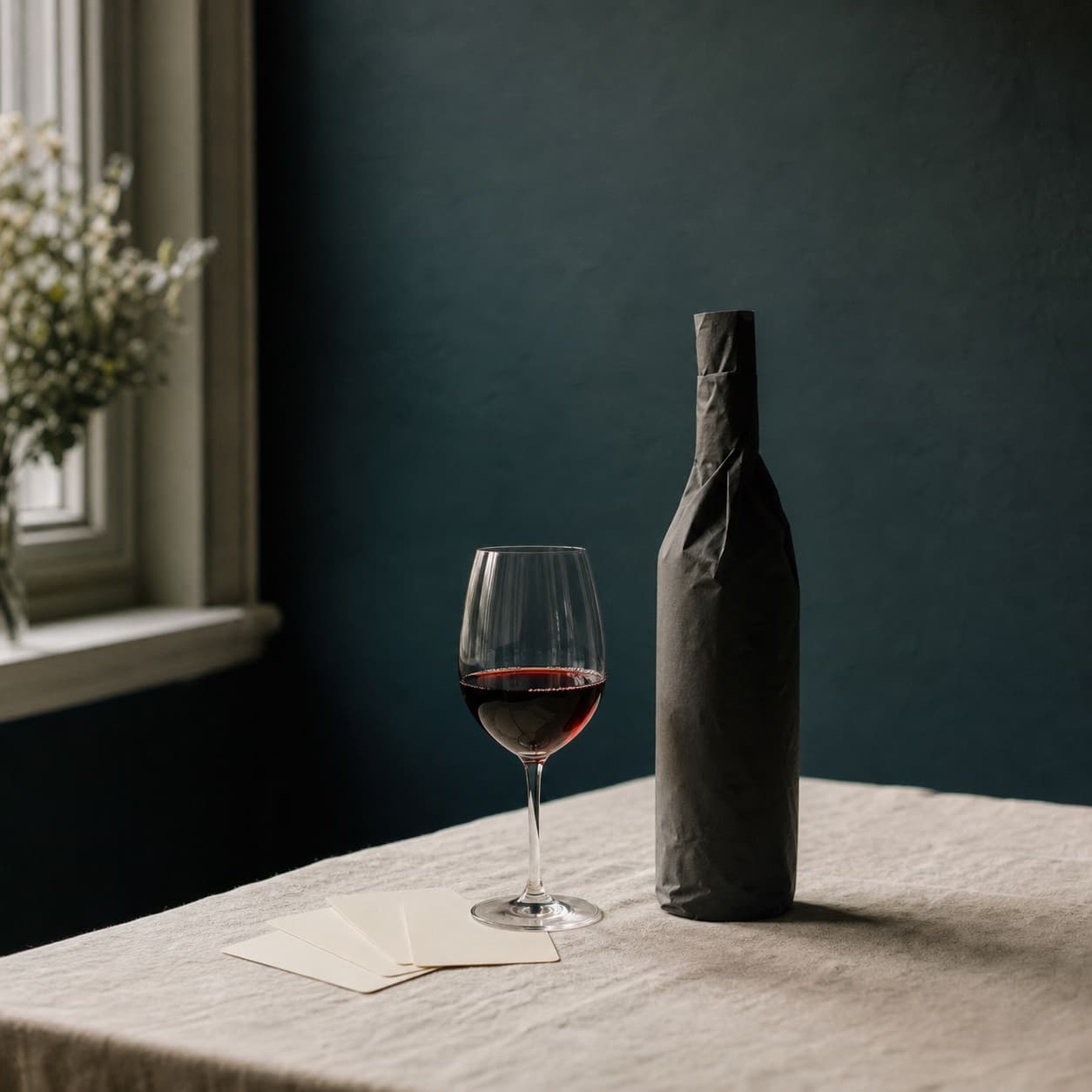 A wrapped anonymous bottle, tasting glass, and blank aroma cards