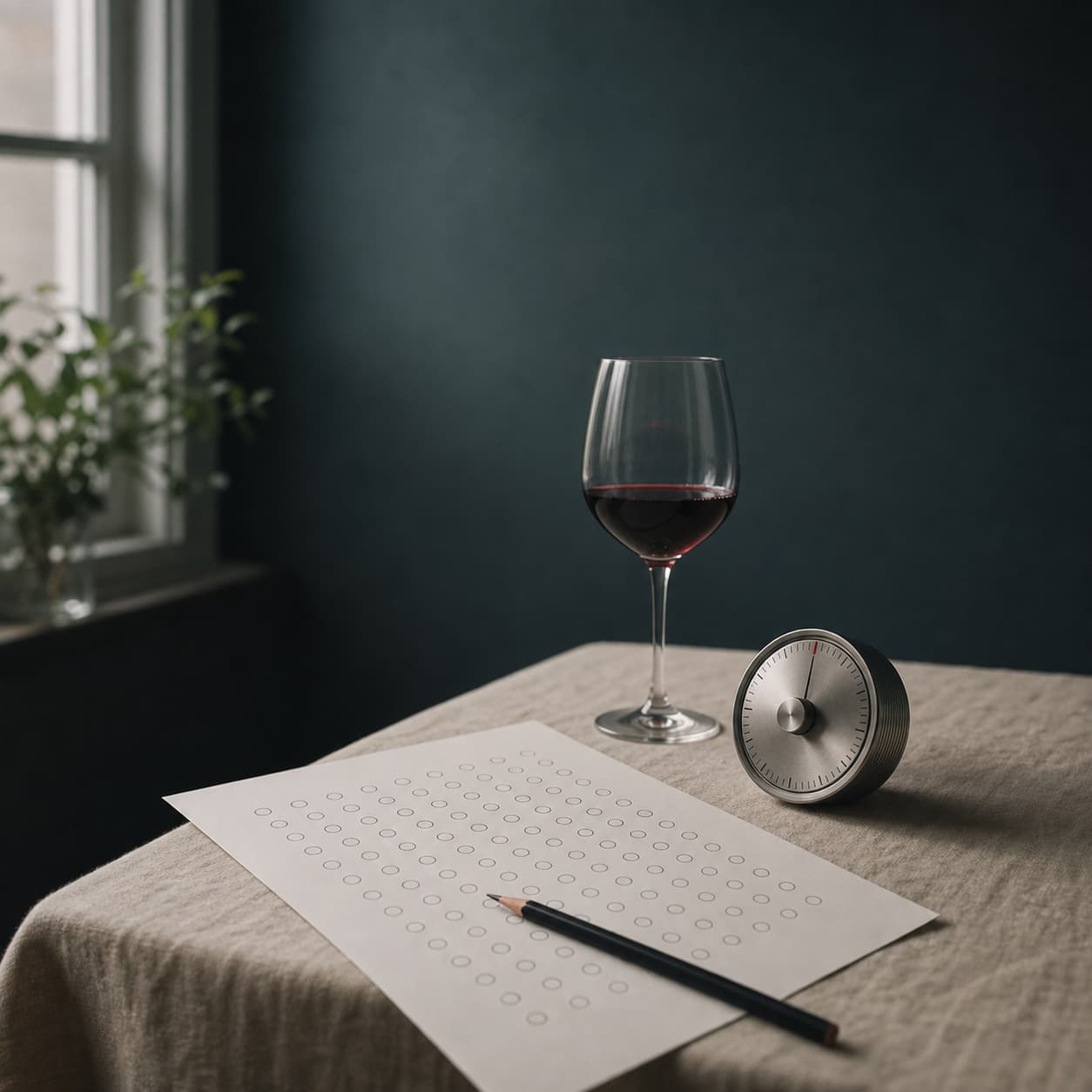 A blank answer sheet, pencil, timer, and wine glass in window light