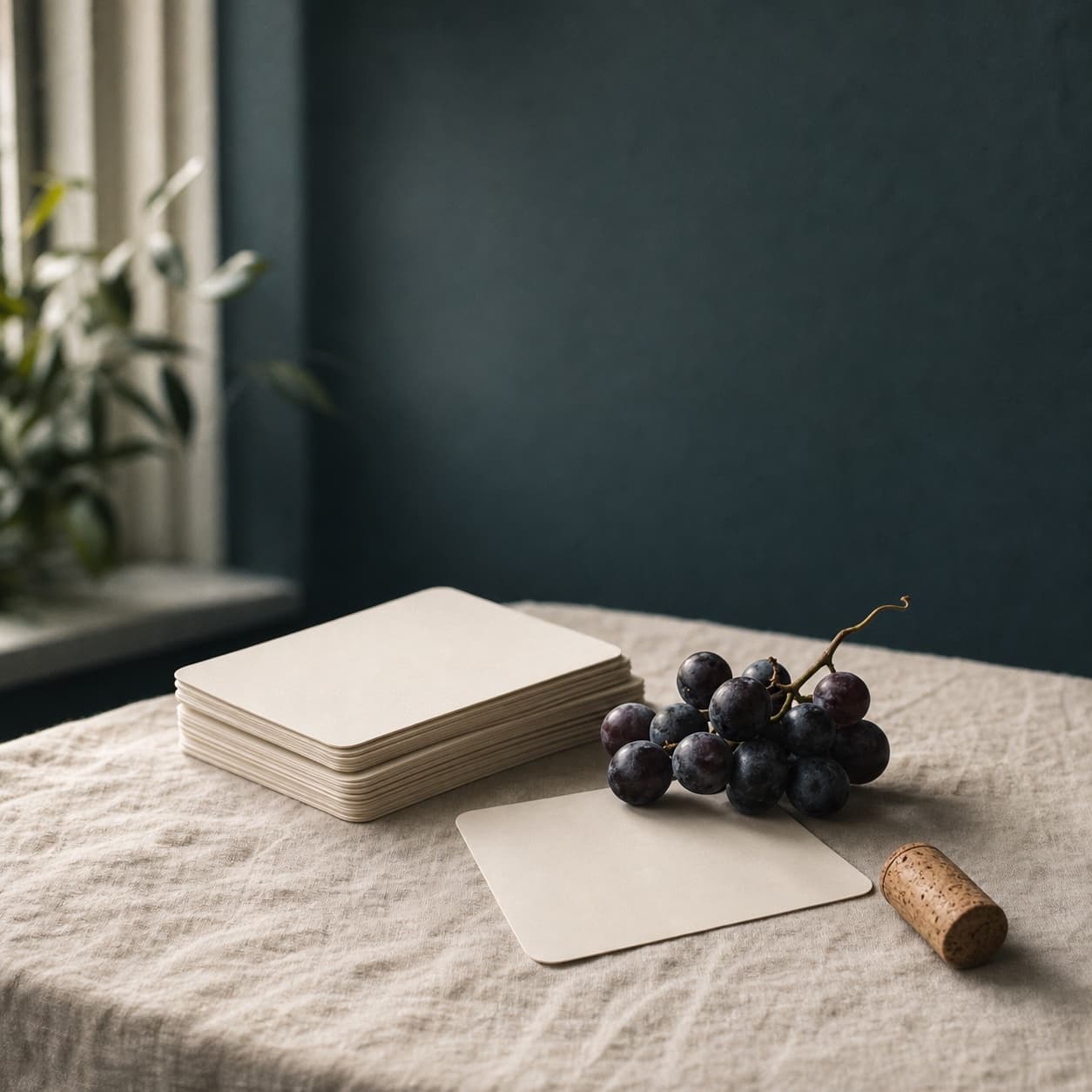 A stack of blank recall cards beside a grape cluster and cork