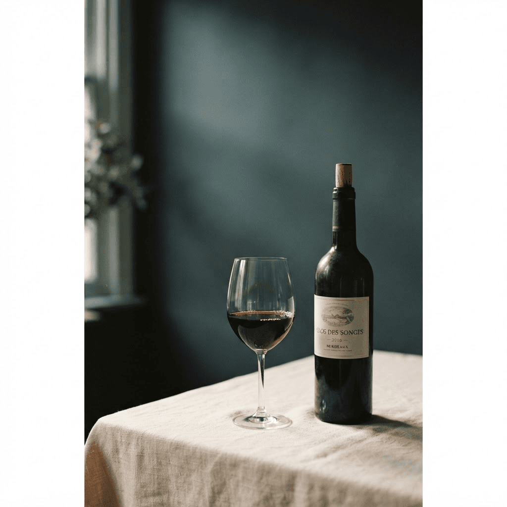 A glass of red wine beside a Bordeaux bottle in soft window light